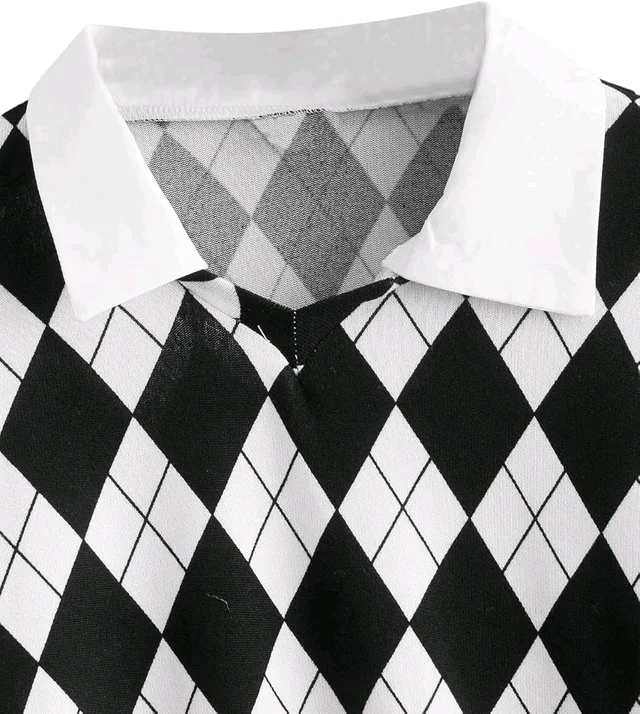 Women's Long Sleeve Crop Top Argyle Print Contrast Collar Blouse Shirt - White, S