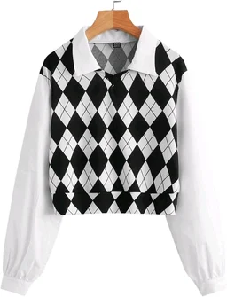 Women's Long Sleeve Crop Top Argyle Print Contrast Collar Blouse Shirt - White, S