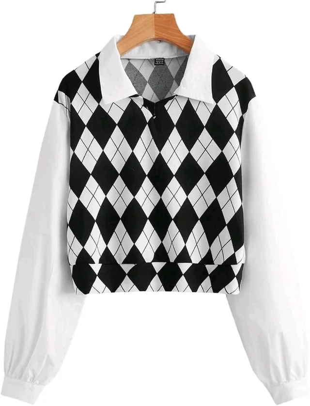 Women's Long Sleeve Crop Top Argyle Print Contrast Collar Blouse Shirt - White, S