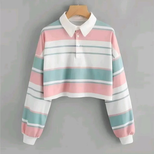 Women's Long Sleeve T-Shirt Button Front Striped Polo Shirt Croped Pullover Sweatshirt Top Blouse Casual Drop Shoulder Top - White, XL