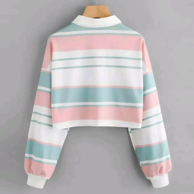 Women's Long Sleeve T-Shirt Button Front Striped Polo Shirt Croped Pullover Sweatshirt Top Blouse Casual Drop Shoulder Top - White, XL