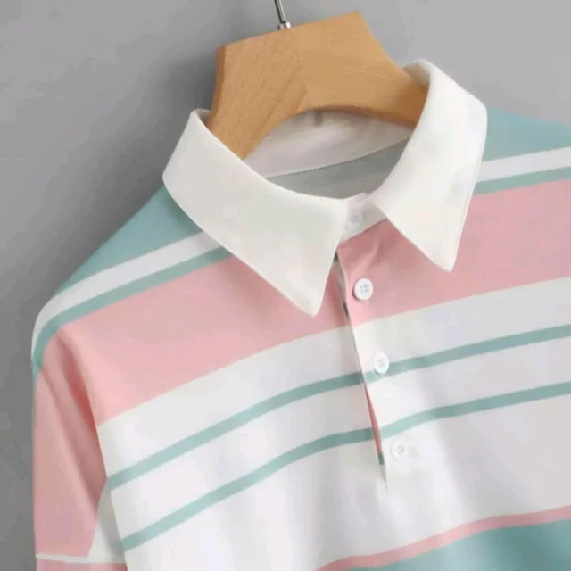 Women's Long Sleeve T-Shirt Button Front Striped Polo Shirt Croped Pullover Sweatshirt Top Blouse Casual Drop Shoulder Top - White, XL