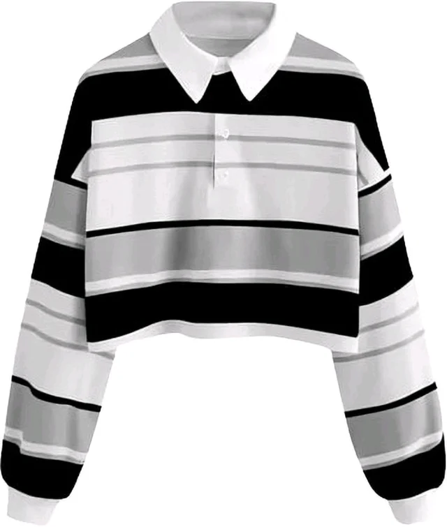 Women's Long Sleeve T-Shirt Button Front Striped Polo Shirt Croped Pullover Sweatshirt Top Blouse Casual Drop Shoulder Top - Black, XL
