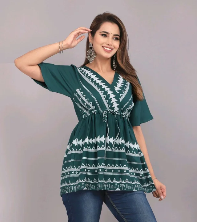 Girls Rayon Printed Festival Regular for Women's Top (White - Faded Jade, S