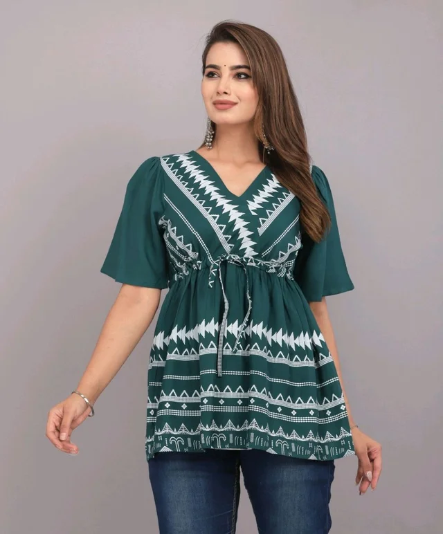 Girls Rayon Printed Festival Regular for Women's Top (White - Faded Jade, XL