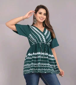 Girls Rayon Printed Festival Regular for Women's Top (White - Faded Jade, XL