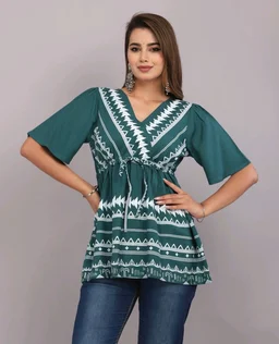 Girls Rayon Printed Festival Regular for Women's Top (White - Faded Jade, XL