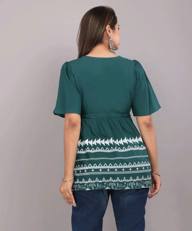 Girls Rayon Printed Festival Regular for Women's Top (White - Faded Jade, XL