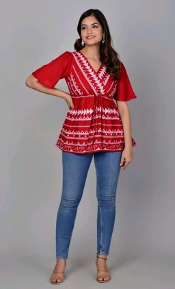 Girls Rayon Printed Festival Regular for Women's Top (White - Carmine, XL