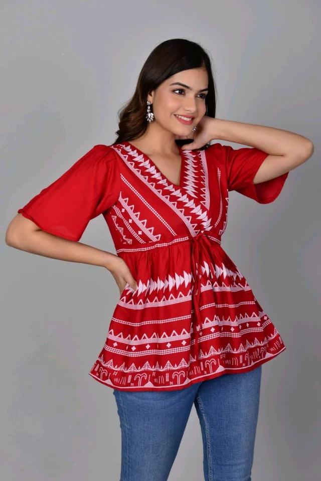 Girls Rayon Printed Festival Regular for Women's Top (White - Carmine, XL