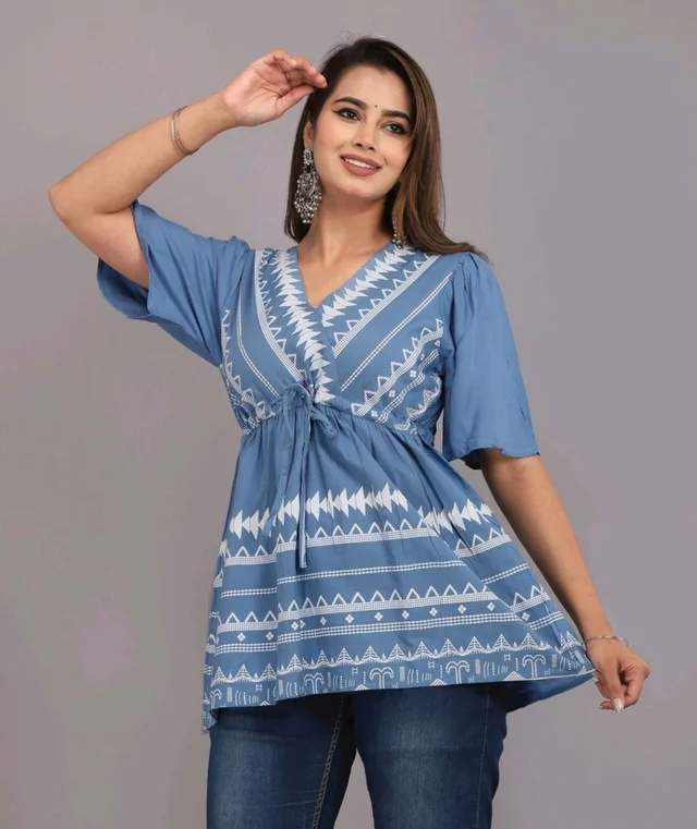 Girls Rayon Printed Festival Regular for Women's Top (White - Polo Blue, 2XL