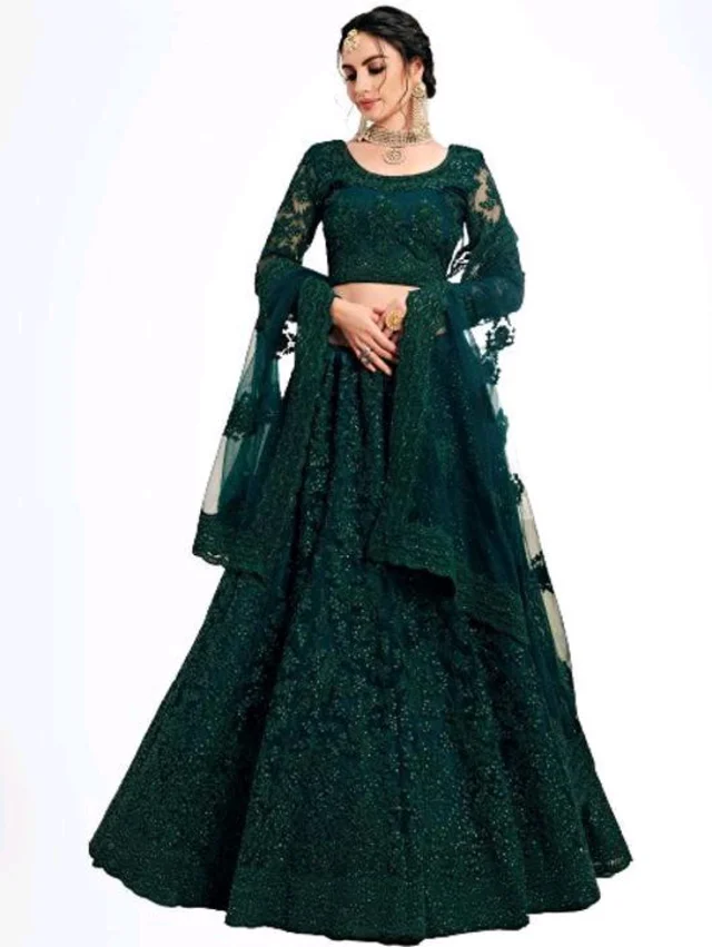 Solid, Embroidered, Embellished, Self Design Semi Stitched Lehenga Choli (Green) - Plantation, Free Size