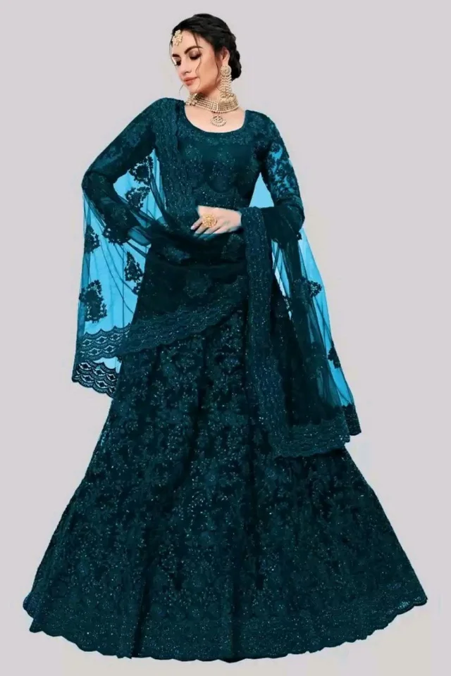 Solid, Embroidered, Embellished, Self Design Semi Stitched Lehenga Choli (Green) - Elephant, Free Size