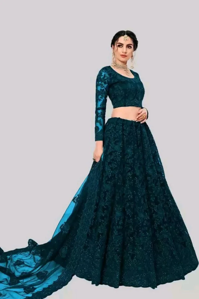 Solid, Embroidered, Embellished, Self Design Semi Stitched Lehenga Choli (Green) - Elephant, Free Size