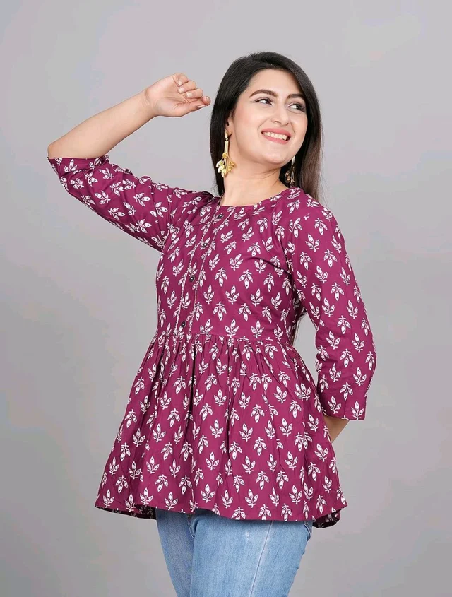 Women's Maroon Floral Printed Short Kurta, Casual Kurta for Girls and Women, Flared Short Kurta & Tunic - Rouge, L