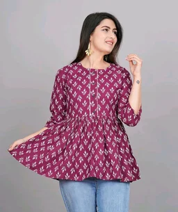 Women's Maroon Floral Printed Short Kurta, Casual Kurta for Girls and Women, Flared Short Kurta & Tunic - Rouge, L