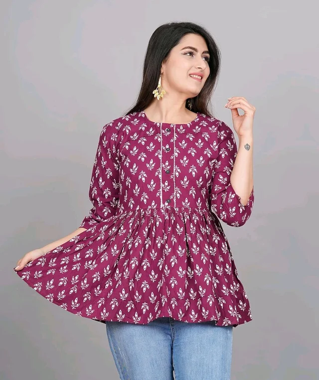 Women's Maroon Floral Printed Short Kurta, Casual Kurta for Girls and Women, Flared Short Kurta & Tunic - Rouge, L