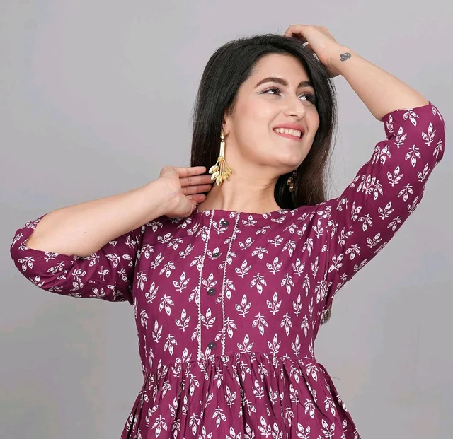 Women's Maroon Floral Printed Short Kurta, Casual Kurta for Girls and Women, Flared Short Kurta & Tunic - Rouge, L