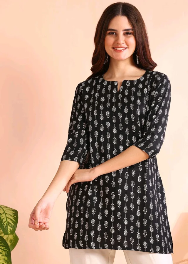 Women Floral Print Cotton Rayon Straight Kurta (Blue) - Black, L