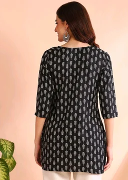Women Floral Print Cotton Rayon Straight Kurta (Blue) - Black, L