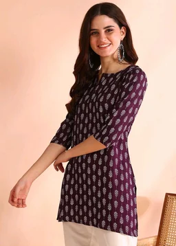 Women Floral Print Cotton Rayon Straight Kurta (Blue) - Wine Berry, L
