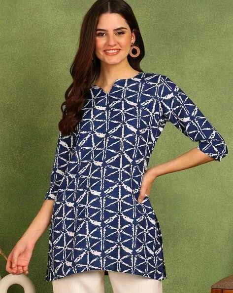 Turquoise Printed Poly Rayon Short Kurti For Women And Girls - Rhino, L