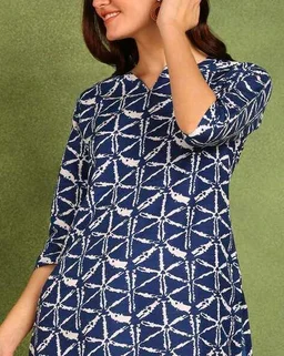 Turquoise Printed Poly Rayon Short Kurti For Women And Girls - Rhino, L