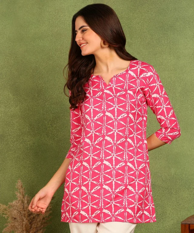 Turquoise Printed Poly Rayon Short Kurti For Women And Girls - Cerise Red, M