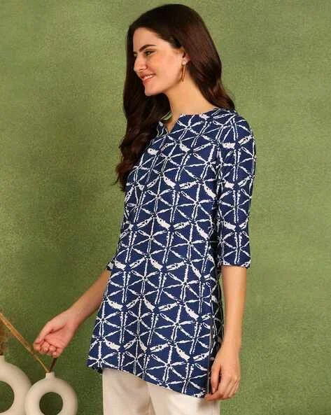 Turquoise Printed Poly Rayon Short Kurti For Women And Girls - Rhino, S