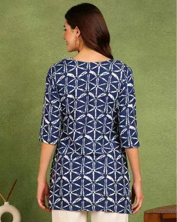 Turquoise Printed Poly Rayon Short Kurti For Women And Girls - Rhino, S