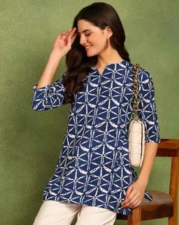 Turquoise Printed Poly Rayon Short Kurti For Women And Girls - Rhino, S