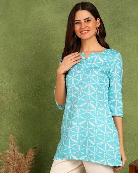 Turquoise Printed Poly Rayon Short Kurti For Women And Girls - Spray, Xs