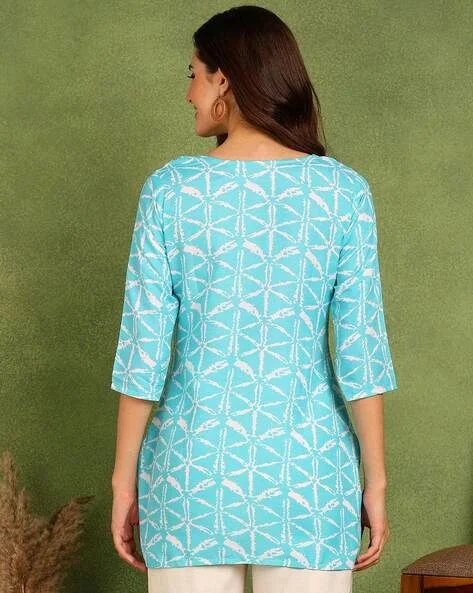 Turquoise Printed Poly Rayon Short Kurti For Women And Girls - Spray, Xs