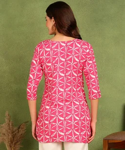 Turquoise Printed Poly Rayon Short Kurti For Women And Girls - Cerise Red, Xs