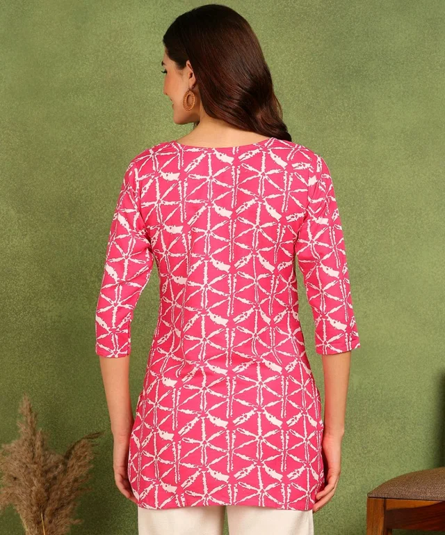 Turquoise Printed Poly Rayon Short Kurti For Women And Girls - Cerise Red, XL
