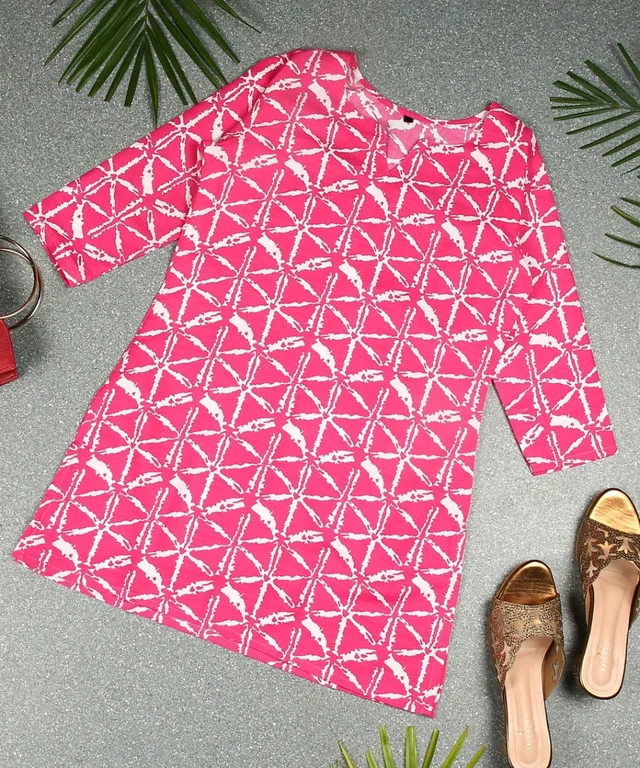 Turquoise Printed Poly Rayon Short Kurti For Women And Girls - Cerise Red, XL