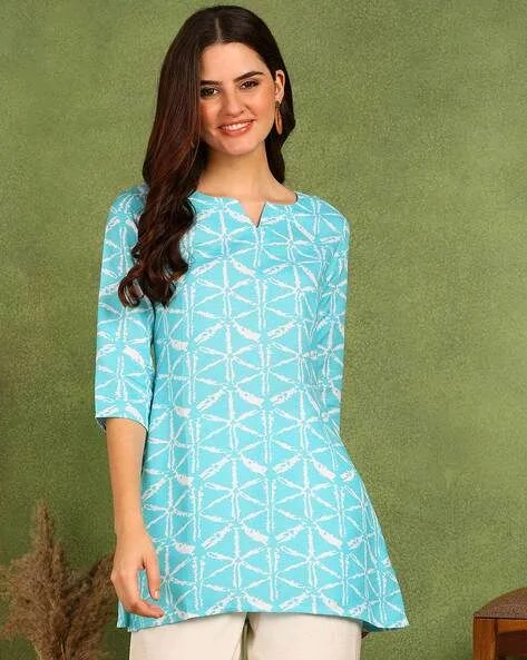 Turquoise Printed Poly Rayon Short Kurti For Women And Girls - Spray, XXL