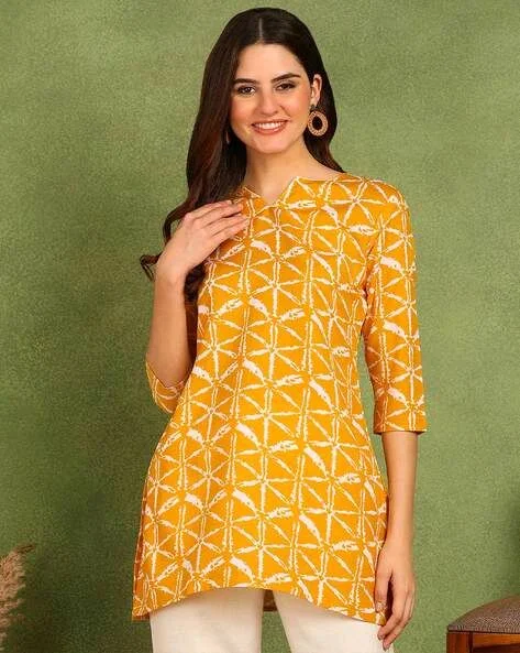Turquoise Printed Poly Rayon Short Kurti For Women And Girls - Sea Buckthorn, XXL