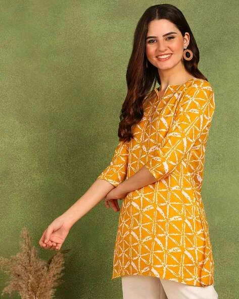 Turquoise Printed Poly Rayon Short Kurti For Women And Girls - Sea Buckthorn, XXL