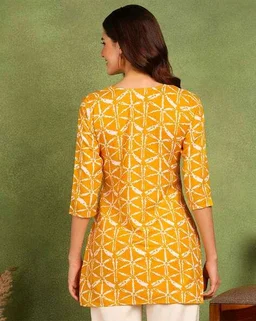 Turquoise Printed Poly Rayon Short Kurti For Women And Girls - Sea Buckthorn, XXL