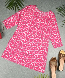 Turquoise Printed Poly Rayon Short Kurti For Women And Girls - Cerise Red, XXL