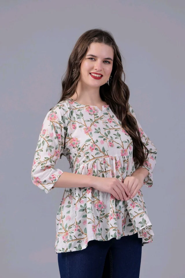 Formal Regular Sleeves Floral PrintWomen White Top - White, M