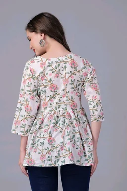 Formal Regular Sleeves Floral PrintWomen White Top - White, M