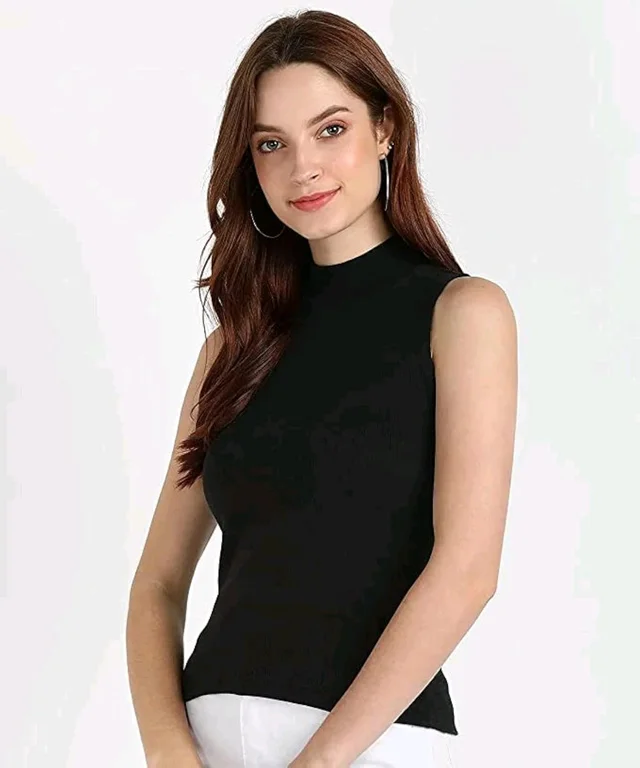 Women's Essential Tank Top High/Mock Neck Full Length Turtle Neck Sleeveless Knit Rib Stretchable CT-03 - White, S