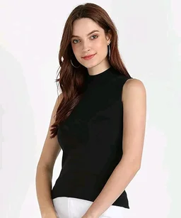 Women's Essential Tank Top High/Mock Neck Full Length Turtle Neck Sleeveless Knit Rib Stretchable CT-03 - Black, XL