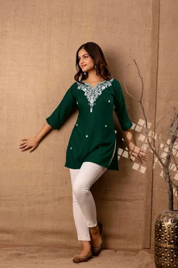 Women Rayon Regular Top - Bottle Green, L