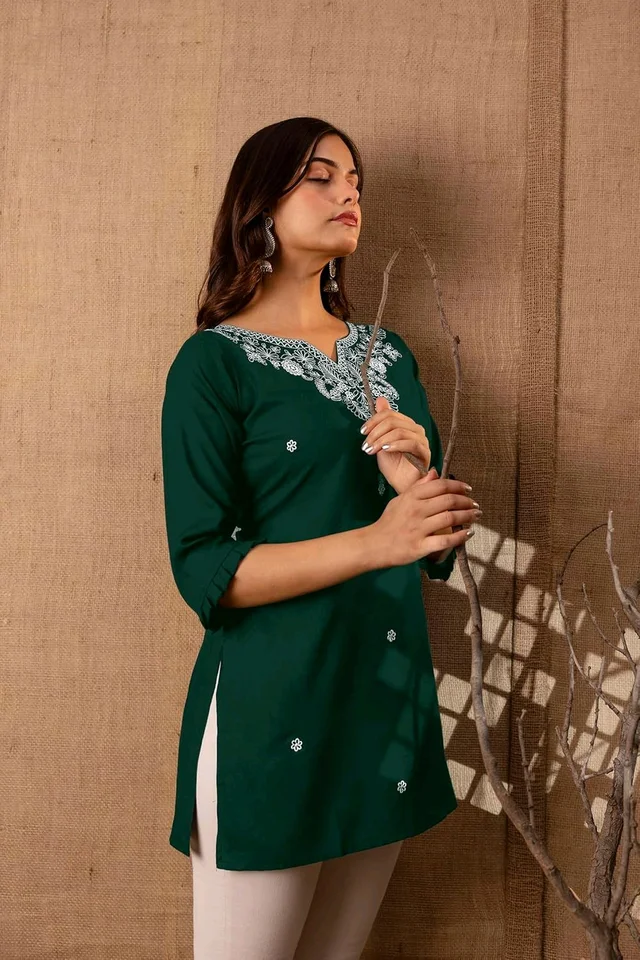 Women Rayon Regular Top - Bottle Green, L