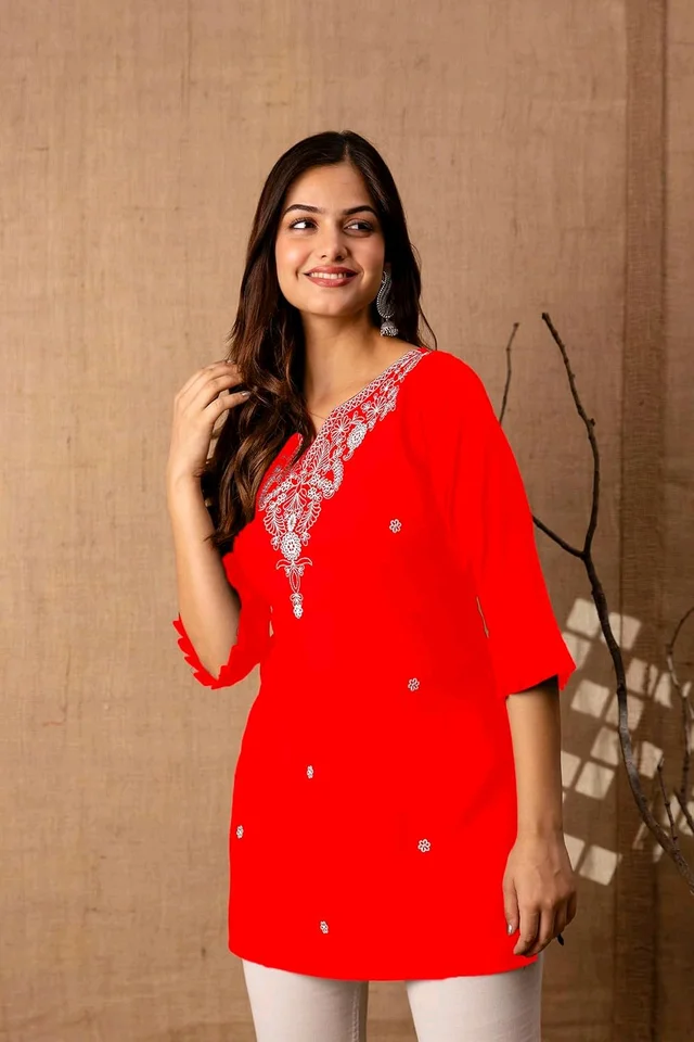 Women Rayon Regular Top - Red, S