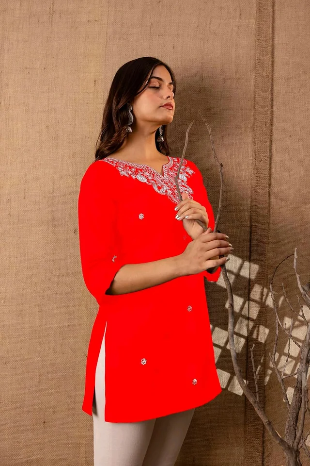 Women Rayon Regular Top - Red, S