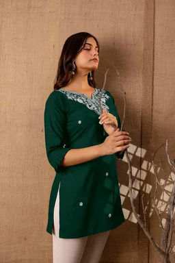 Women Rayon Regular Top - Bottle Green, S
